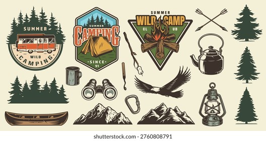 Camping items are arranged in a graphic display. There are camping logos a tent and a campfire. Other items include a kettle lantern canoe and fishing gear.