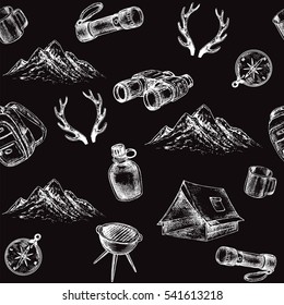 camping items seamless pattern on the black background