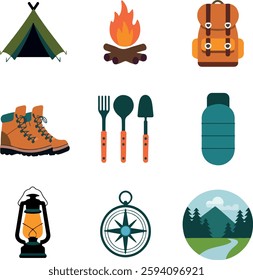 Camping items set. Traveler backpack with survivor items and and other stuff for camping. Flat thick line and black outline illustration. Survibal kit icons