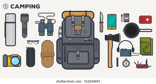 Camping items set. Traveler backpack with survivor items and and other stuff for camping. Flat thick line and black outline illustration. 