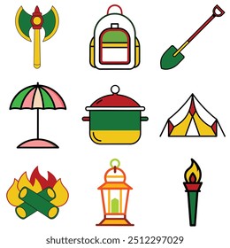 Camping Items Vector illustration pack - axe, backpack, beach umbrella, dutch oven, firewood, lantern, shovel, tent, torch