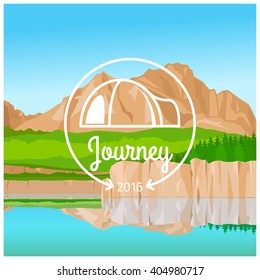 Camping journey concept. Forest mountain lake tourism vector illustration