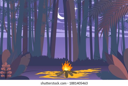 camping in the jungle in the night in flat design