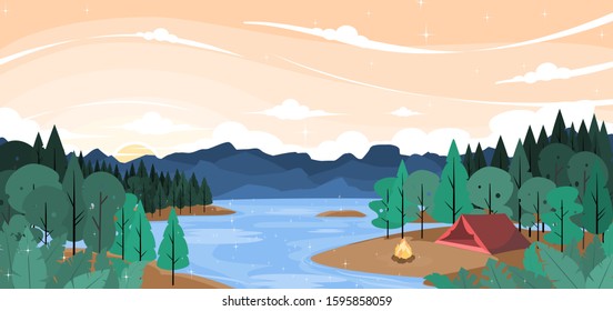 camping in a jungle river side evening sky flat design 