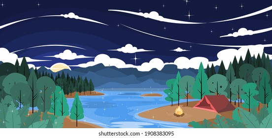 camping in a jungle river side 
night sky flat design 