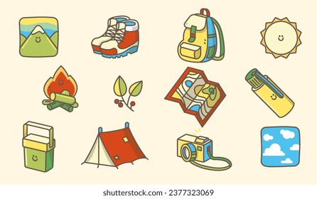 Camping kawaii cliparts. A full set of cliparts about a day on camping or a day in the countryside. Excursions and adventure cliparts on cute style