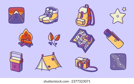 Camping kawaii cliparts. A full set of cliparts about a night on camping or a night in the countryside. Excursions and adventure cliparts on cute style