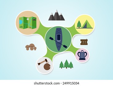 Camping and kayak graphic in round style, outdoor elements on multicolor rounds background, travel info graphic. Vector illustration