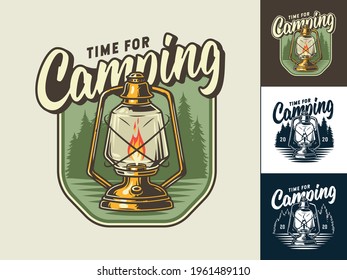 Lámpara de kerosene de camping para expedición de viajes al aire libre o impresión de camisetas, emblema. Conjunto de campamento