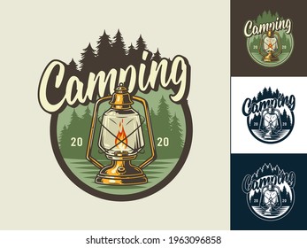 Camping kerosene lamp for outdoor travel expedition or t-shirt print, emblem. Set of camp