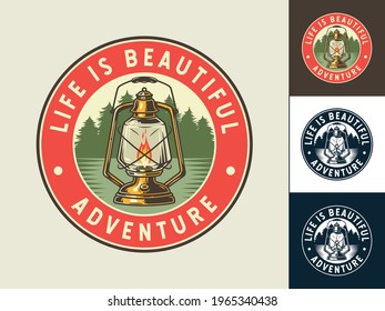 Camping kerosene lamp for outdoor travel expedition or t-shirt print, emblem. Set of camp
