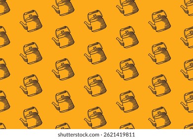 Modelo inconsútil del garabato de la caldera que acampa en el fondo amarillo para la Mercancía de la aventura. olla al aire libre, fondo del patrón del grabado de la diarrea. Fondo de pantalla portátil retro de la ilustración de la eclosión del caldero
