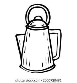 Camping kettle hand drawn in doodle style. Dishes for boiling water over a fire. Tourist equipment in camp. Vector line art illustration.