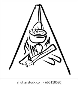 Camping kettle over the fire with firewood. Outline drawing of the black smooth lines on a white background. Handmade drawing. Linear art. vector