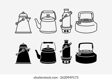 Caldera de camping, olla portátil, caldero, diarrea, contorno del calentador de agua, línea de arte, relleno, diseño de elementos de símbolo de icono de estilo de glifo establecido para la aventura, al aire libre, explorador, camping, picnic