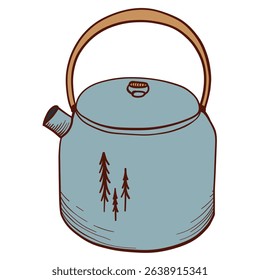 Camping Kettle Vector Illustration, Metal Teapot, Outdoor Kettle Icon, Vintage Camping Kettle Vector