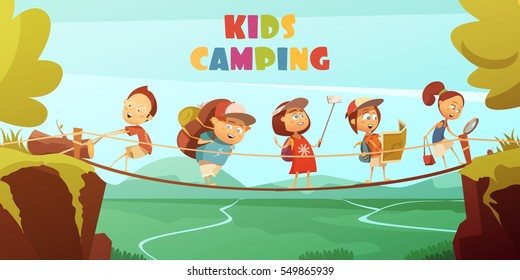 Camping kids background with cliffs valley and bridge cartoon vector illustration 