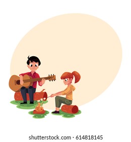 Camping kids - boy and girl playing guitar and frying marshmallow on fire, cartoon vector illustration with space for text. Kids camping, hiking, playing guitar and frying marshmallow
