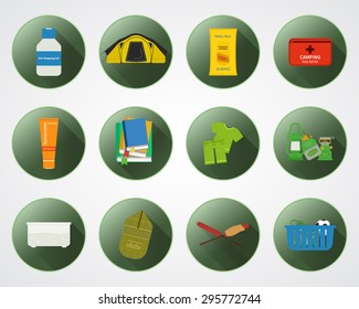 Camping with kids buttons with shadow. Set of flat adventure traveling elements and symbols. Summer Outdoor design. Campsite and campground. Vector illustration
