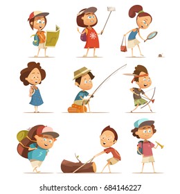 Camping kids cartoon icons set with equipment isolated vector illustration 