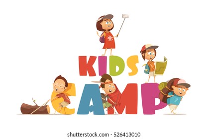 Camping kids concept with archery and map symbols cartoon vector illustration