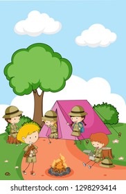 Camping kids in nature illustration