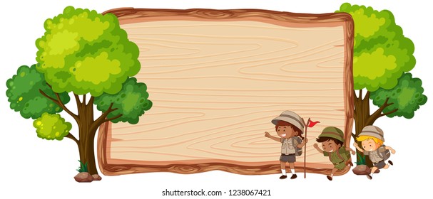 Camping kids on wooden banner illustration