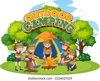 Camping kids with outdoor camping text illustration
