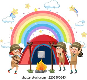 Camping kids with rainbow illustration