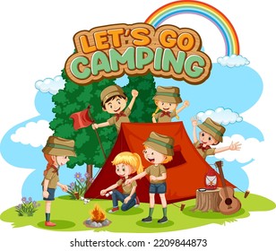 Camping kids and text design for word let's go camping illustration