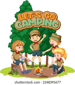 Niños acampando y diseño de texto para la ilustración de campamento