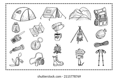 Camping kit with hand-drawn doodle-style elements. Tents, terrain map, backpack, flashlight, water flask, etc. Items for tourism and recreation. Isolated element on a white background.