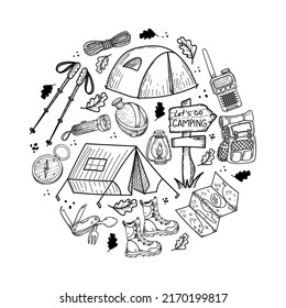 A camping kit with hand-drawn doodle-style elements. Items are arranged in a circle: tents, terrain map, backpack, flashlight, water flask, etc. Items for tourism and recreation. Isolated element.