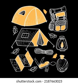 Camping kit with hand-drawn doodle-style elements. Tents, terrain map, backpack, flashlight, water flask, etc. Items for tourism and recreation. Isolated element on a black background.