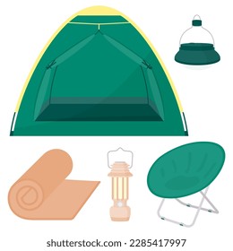 Camping kit. Tourist tent, temporary shelter. Outdoor folding chair. Camping furniture. LED camping lamp. Portable flashlight. Rolled carpet for sports or hiking. Vector illustration in a flat style.