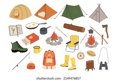 Camping Kit Vector. Camping Gear set. Hiking, holiday trip, picnic, survival in wild, fishing, local travel, trekking concept. Countryside and nature vacation, tourism. Outdoor recreation - Shutterstock ID 2149476857