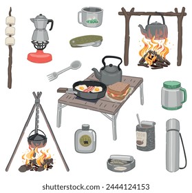 Camping kitchen doodles collection. Set of outdoor kitchenware, campfire supplies. Vector illustration in cartoon style isolated on white.