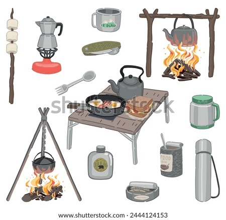Camping kitchen doodles collection. Set of outdoor kitchenware, campfire supplies. Vector illustration in cartoon style isolated on white.