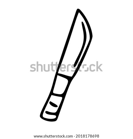 A camping knife drawn by hand with a black outline. A self-defense object, a kitchen knife. Doodle-style knife icon