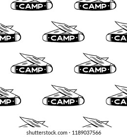 Camping Knife symbols seamless pattern. Silhouette distressed style. Outdoor adventure equipment wallpaper background. Stock vector illustration isolated on white.