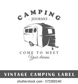 Camping label isolated on white background. Design element. Template for logo, signage, branding design. Vector illustration