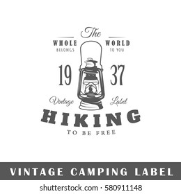 Camping label isolated on white background. Design element. Template for logo, signage, branding design. Vector illustration