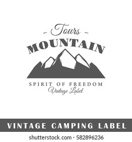 Camping label isolated on white background. Design element. Template for logo, signage, branding design. Vector illustration