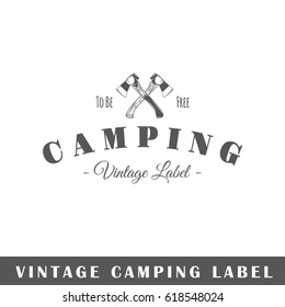 Camping label isolated on white background. Design element. Template for logo, signage, branding design. Vector illustration