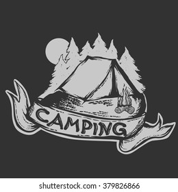 Camping label with tent and campfire.