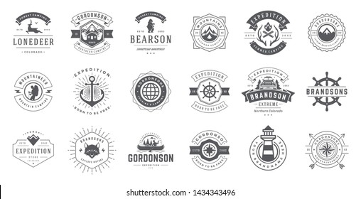 Camping labels and badges templates vector design elements and silhouettes set, outdoor adventure mountains and forest expeditions, vintage style emblems and logos retro illustration.