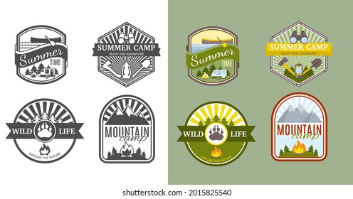 Camping labels and badges templates vector design elements and silhouettes set, outdoor adventure mountains and forest expeditions, vintage style emblems and logos retro illustration.