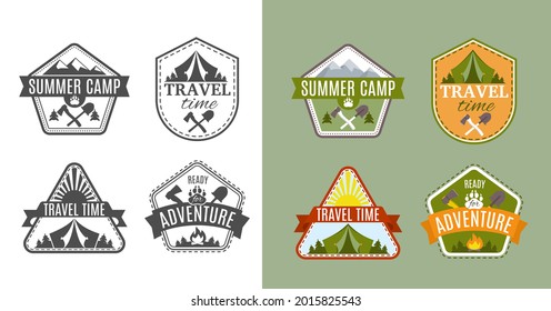 Camping labels and badges templates vector design elements and silhouettes set, outdoor adventure mountains and forest expeditions, vintage style emblems and logos retro illustration.