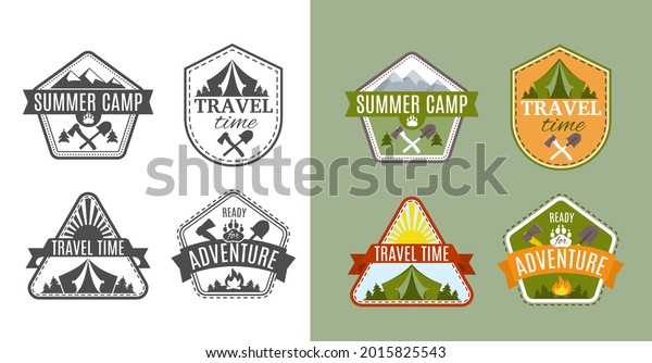 Camping
labels and badges templates vector design elements and silhouettes
set, outdoor adventure mountains and forest expeditions, vintage
style emblems and logos retro
illustration.