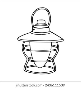 Camping lamp isolated, night light, kerasin lantern, candles. Vector drawing, graphics, doodle. Travel, outdoor recreation. Comfortable outdoor glamping.